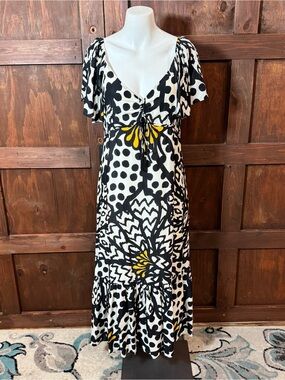 Anthropologie Black, White & Yellow Floral-Print Maxi Dress